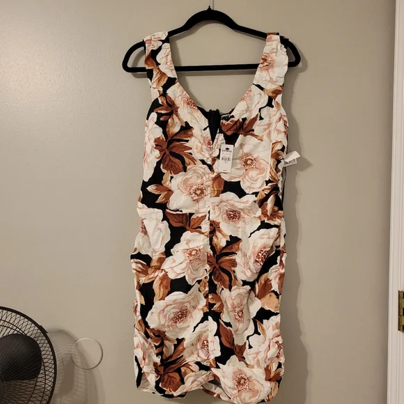 Express Floral Cream and Brown Linen Blend  Bodycon Sleeveless Dress. Size M - Picture 5 of 14